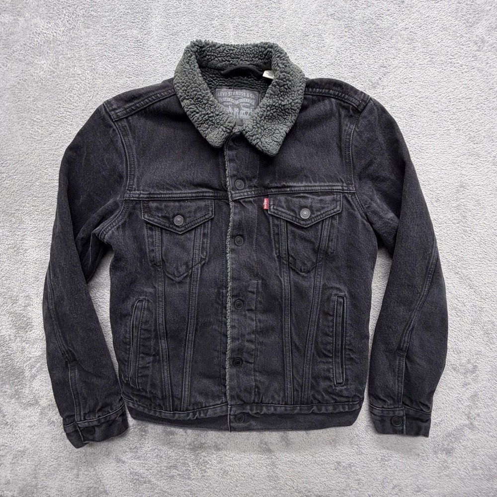 Levi's Jacket Mens Small Black Bomber Denim Collared‎ Lined Faux Fur Pockets